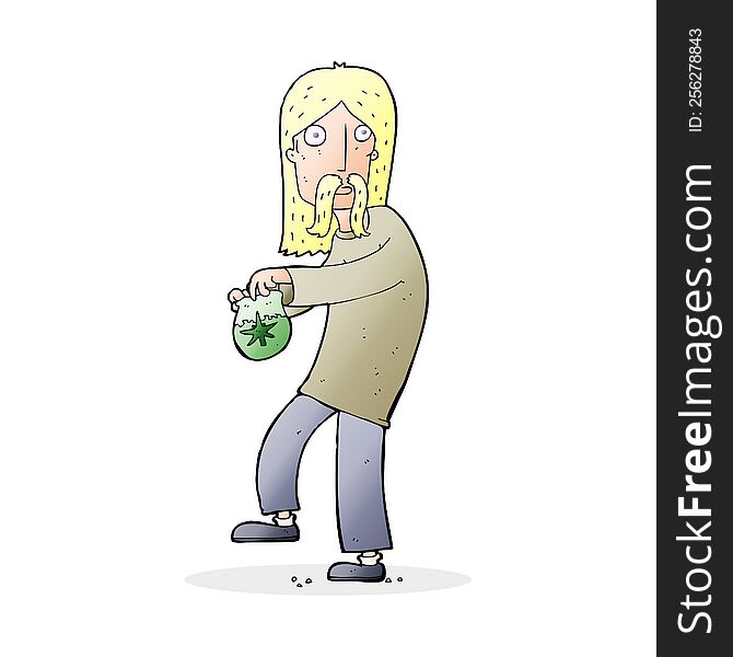 cartoon hippie man with bag of weed