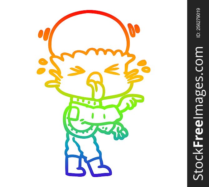 rainbow gradient line drawing of a weird cartoon alien pointing