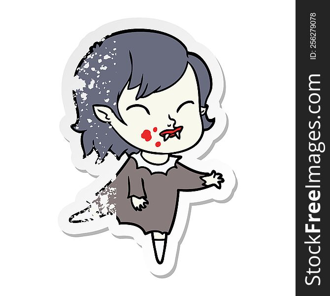 distressed sticker of a cartoon vampire girl with blood on cheek