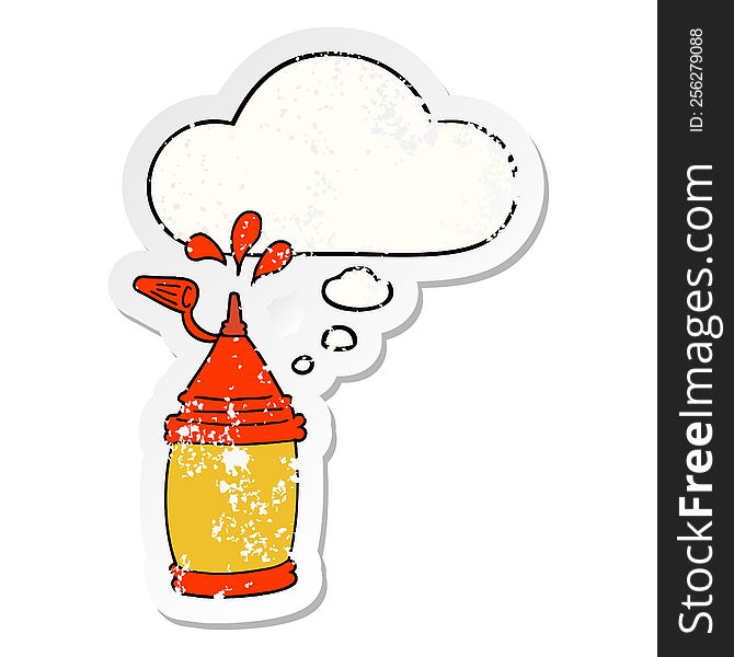 Cartoon Ketchup Bottle And Thought Bubble As A Distressed Worn Sticker