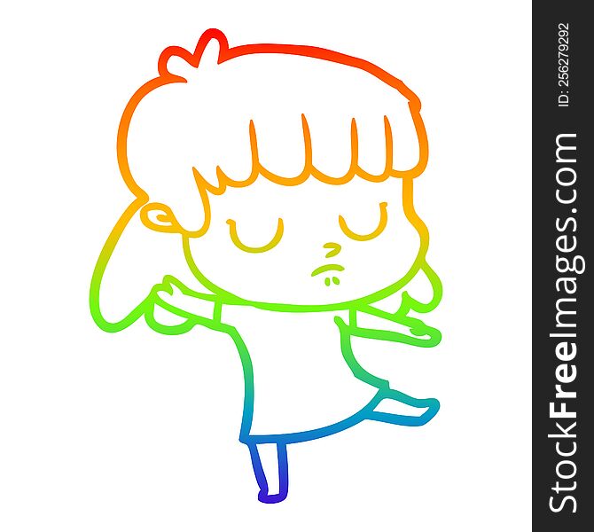 rainbow gradient line drawing of a cartoon indifferent woman dancing