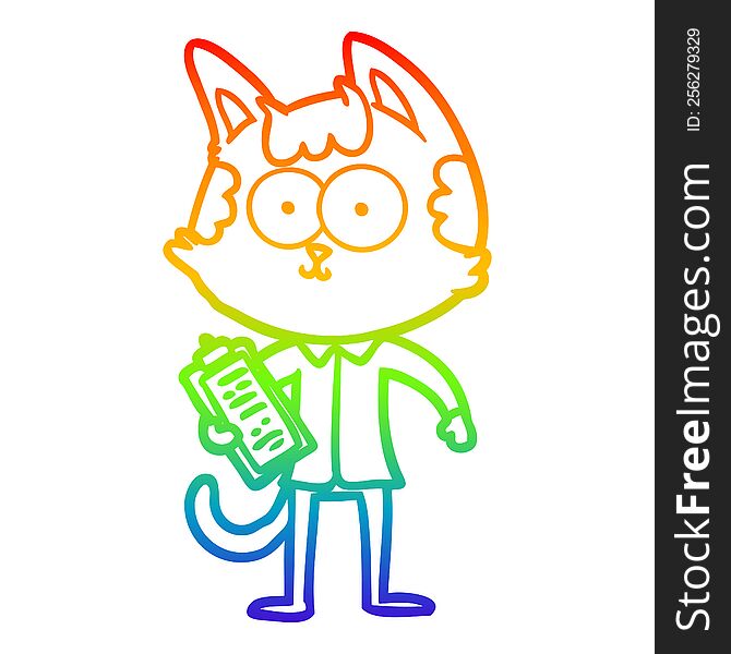 rainbow gradient line drawing of a happy cartoon salesman cat