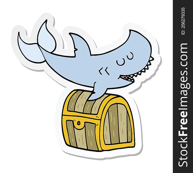 Sticker Of A Cartoon Shark Swimming Over Treasure Chest