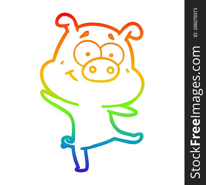 Rainbow Gradient Line Drawing Happy Cartoon Pig Dancing