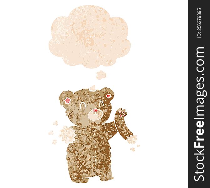 cartoon teddy bear with torn arm with thought bubble in grunge distressed retro textured style. cartoon teddy bear with torn arm with thought bubble in grunge distressed retro textured style