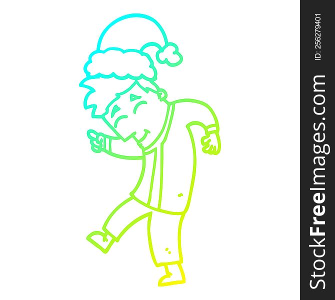 Cold Gradient Line Drawing Cartoon Man Wearing Christmas Hat