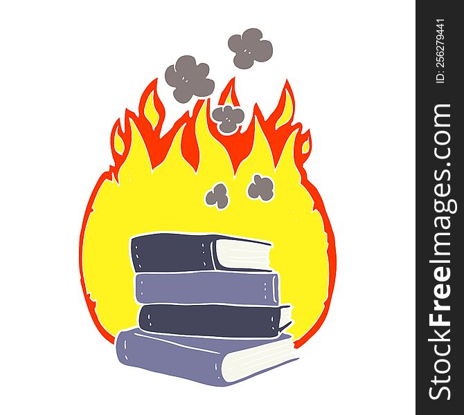 Flat Color Illustration Of A Cartoon Stack Of Books Burning