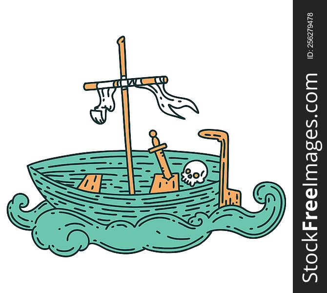 illustration of a traditional tattoo style empty boat with skull