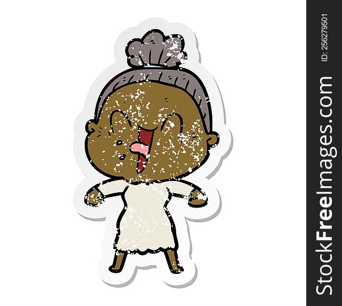 Distressed Sticker Of A Cartoon Happy Old Woman