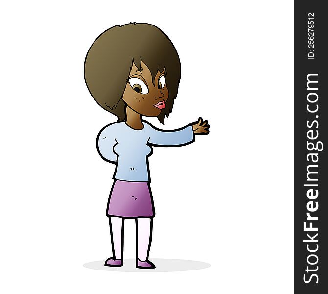 cartoon woman making welcome gesture