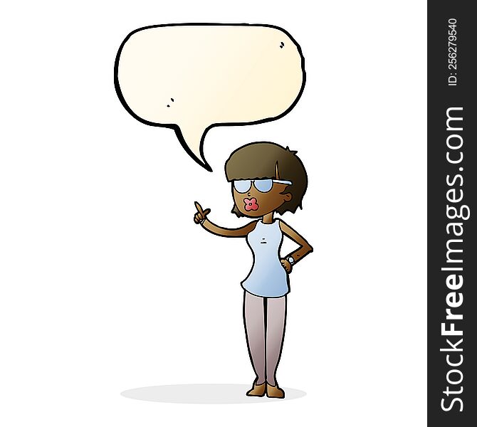 cartoon woman wearing spectacles with speech bubble