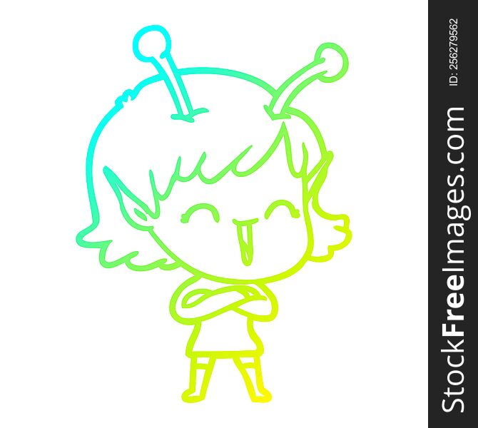 cold gradient line drawing of a cartoon happy alien girl