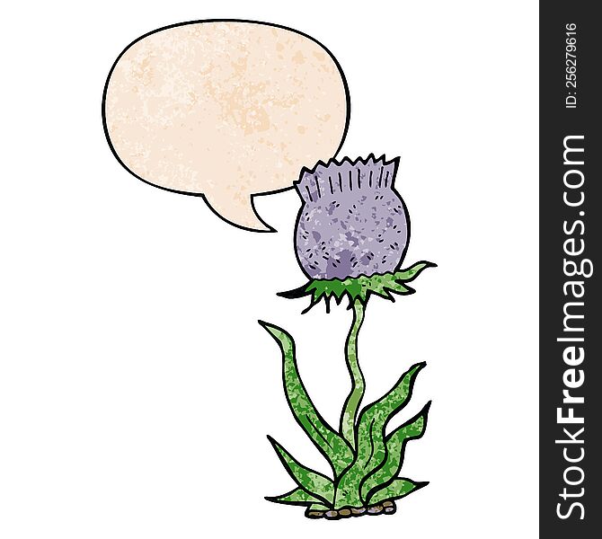 cartoon wild flower and speech bubble in retro texture style