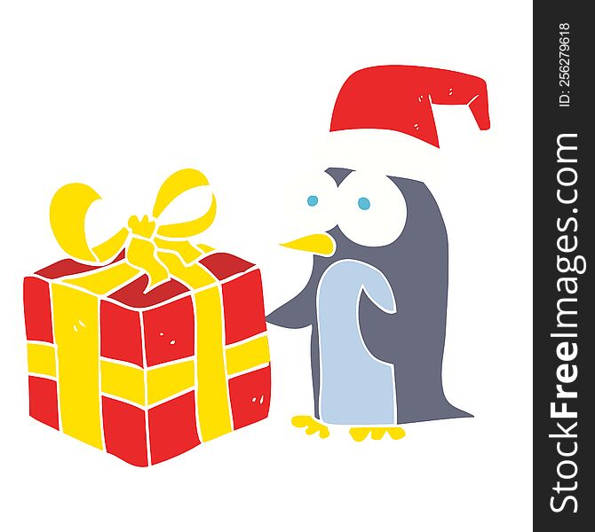 Flat Color Illustration Of A Cartoon Christmas Penguin With Present