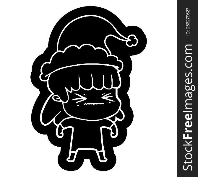 quirky cartoon icon of a woman wearing santa hat
