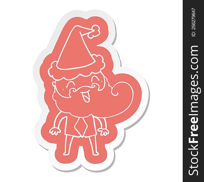 Hand Drawn Cartoon  Sticker Of A Happy Bearded Man Wearing Santa Hat