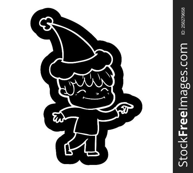 quirky cartoon icon of a happy boy wearing santa hat