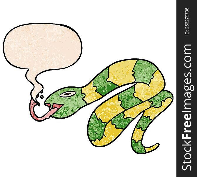 cartoon hissing snake with speech bubble in retro texture style