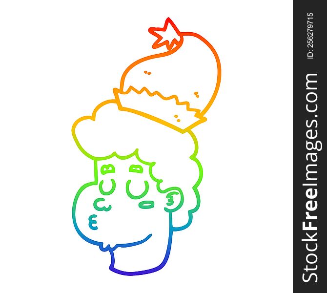 Rainbow Gradient Line Drawing Cartoon Man Wearing Christmas Hat