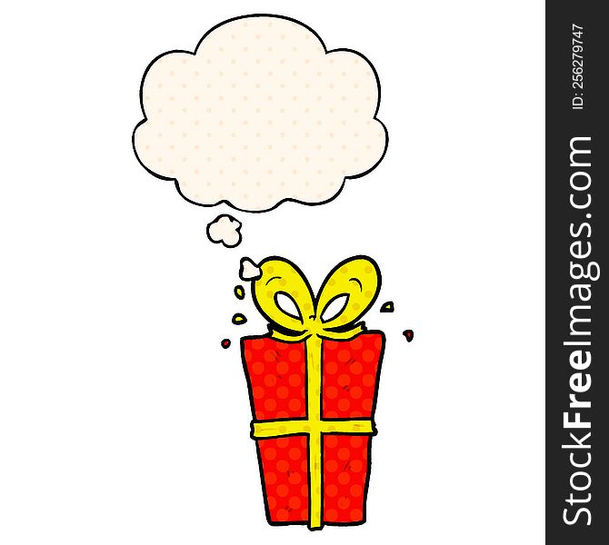Cartoon Wrapped Gift And Thought Bubble In Comic Book Style