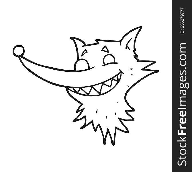 freehand drawn black and white cartoon grinning wolf face