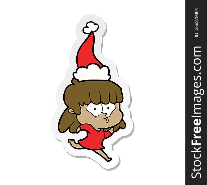 Sticker Cartoon Of A Whistling Girl Wearing Santa Hat
