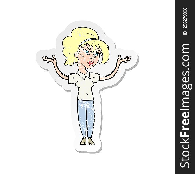 Retro Distressed Sticker Of A Cartoon Woman Raising Hands In Air