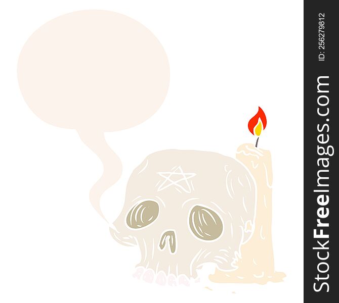 Cartoon Spooky Skull And Candle And Speech Bubble In Retro Style