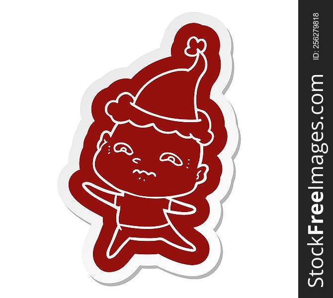 Cartoon  Sticker Of A Nervous Man Wearing Santa Hat