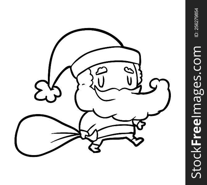 line drawing of a santa claus carrying sack of presents. line drawing of a santa claus carrying sack of presents