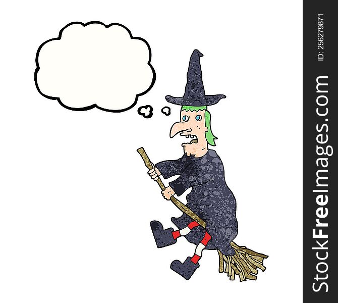 thought bubble textured cartoon witch flying on broom