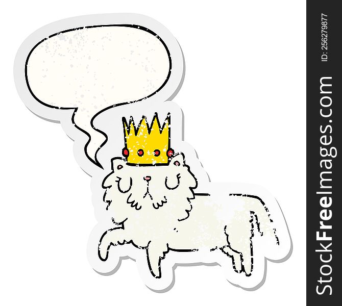 Cartoon Cat Wearing Crown And Speech Bubble Distressed Sticker