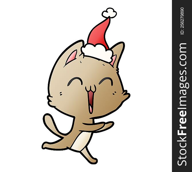 happy hand drawn gradient cartoon of a cat meowing wearing santa hat. happy hand drawn gradient cartoon of a cat meowing wearing santa hat