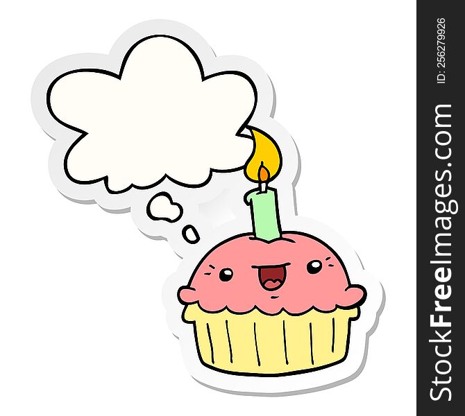 cartoon cupcake with candle and thought bubble as a printed sticker