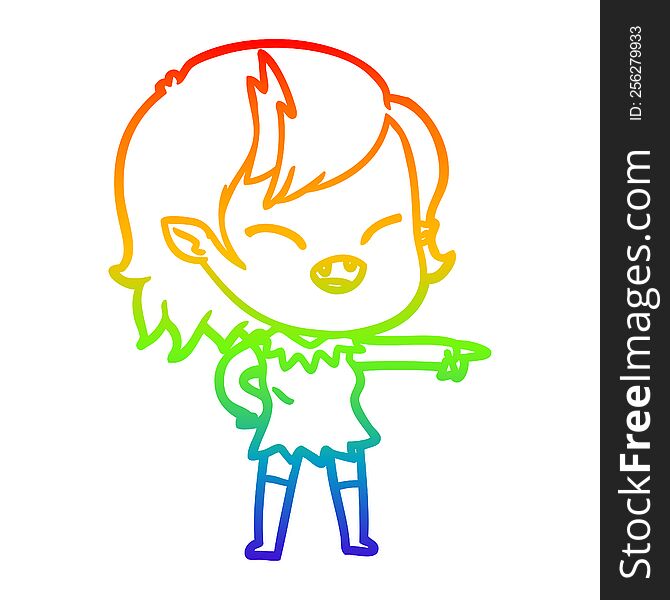 rainbow gradient line drawing of a cartoon vampire girl pointing and laughing