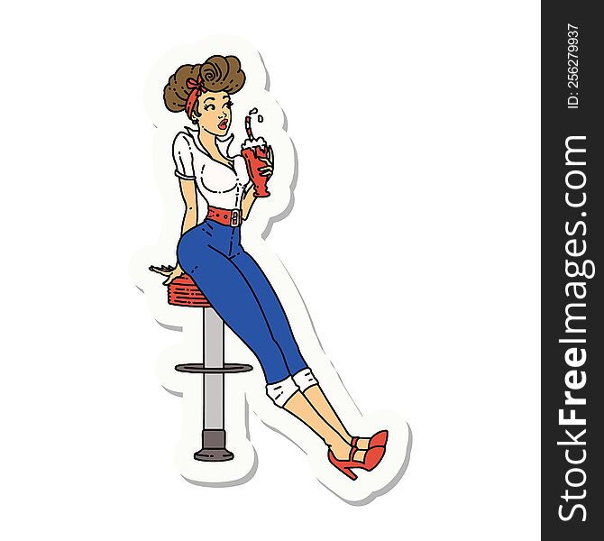 Tattoo Style Sticker Of A Pinup Girl Drinking A Milkshake