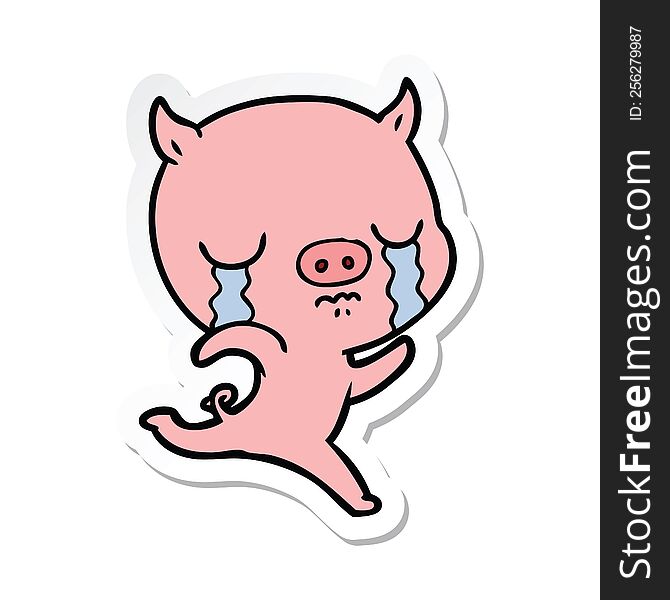 Sticker Of A Cartoon Running Pig Crying