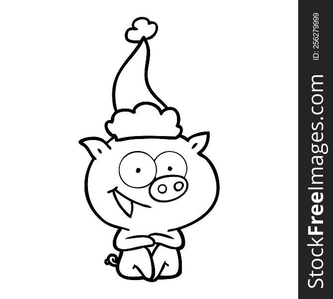 Cheerful Sitting Pig Line Drawing Of A Wearing Santa Hat