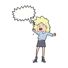 Cartoon Woman Having Trouble Walking In Heels With Speech Bubble Stock Photos