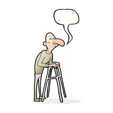 Cartoon Old Man With Walking Frame With Speech Bubble Stock Photo