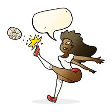 Cartoon Female Soccer Player Kicking Ball With Speech Bubble Stock Images