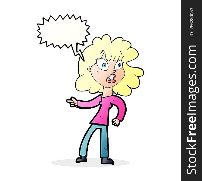 Cartoon Worried Woman Pointing With Speech Bubble