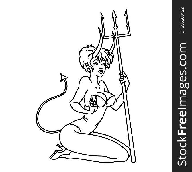 tattoo in black line style of a pinup devil girl. tattoo in black line style of a pinup devil girl