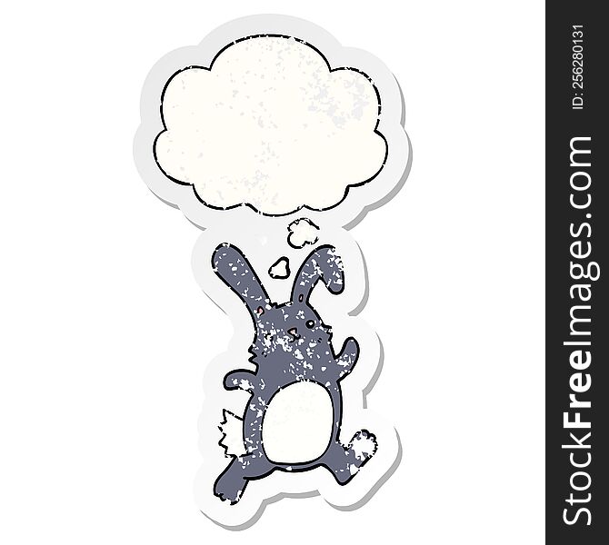 cartoon rabbit running with thought bubble as a distressed worn sticker