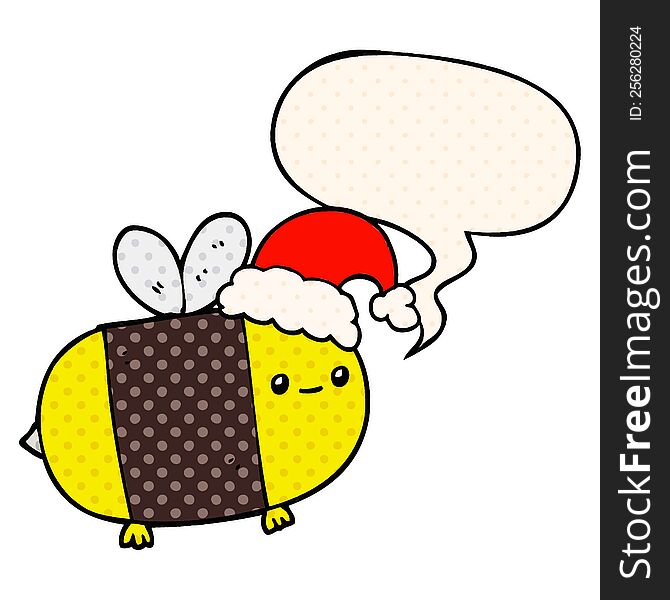 cartoon christmas bee with speech bubble in comic book style