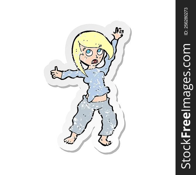 Retro Distressed Sticker Of A Cartoon Frightened Woman