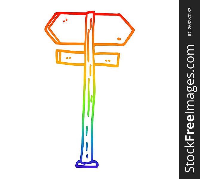 rainbow gradient line drawing of a cartoon painted direction sign posts