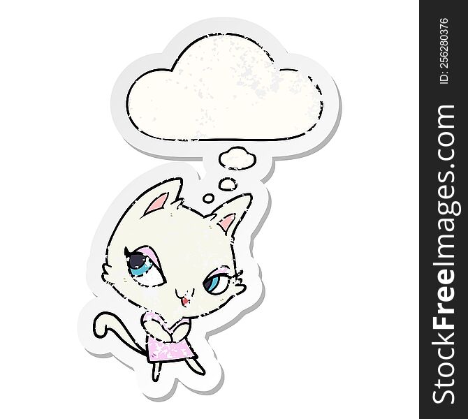 cartoon female cat with thought bubble as a distressed worn sticker