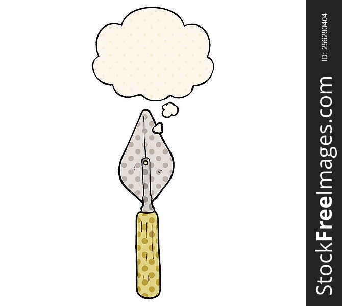 cartoon trowel with thought bubble in comic book style