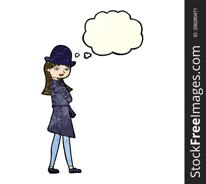 cartoon female spy with thought bubble